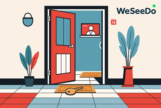 Illustratie met open deur en sleutel als metafoor voor onveilige vaste links bij videobellen, met WeSeeDo-logo op de muur.