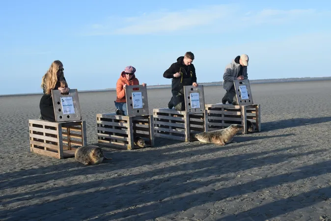 Team van WeSeeDo laat zeehonden vrij aan het strand om terug te keren naar de zee.