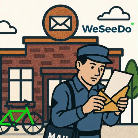 Illustratie van een postbode die in de brieven kijkt, als metafoor voor transportencryptie in plaats van echte end-to-end encryptie.
