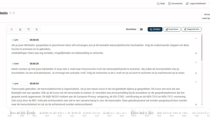 Screenshot van de transcriptie tool met een getranscribeerd gesprek