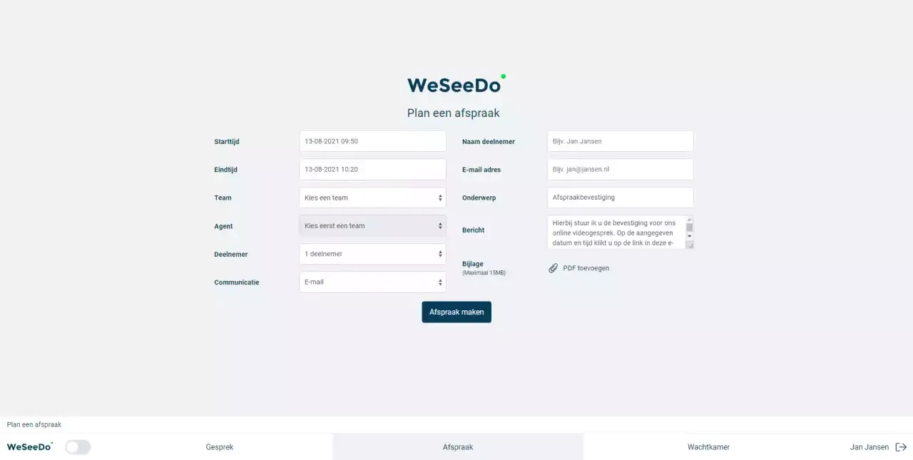 Screenshot van de afspraakpagina in WeSeeDo waar je makkelijk afspraken kunt inplannen