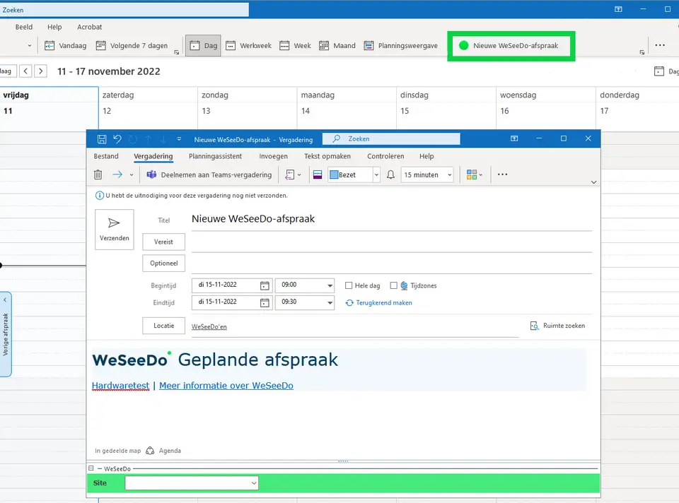 Plan en start een veilig en persoonlijk WeSeeDo gesprek vanuit Outlook
