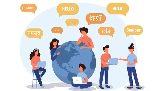 Illustratie van mensen die om wereldbol staan en in verschillende talen praten