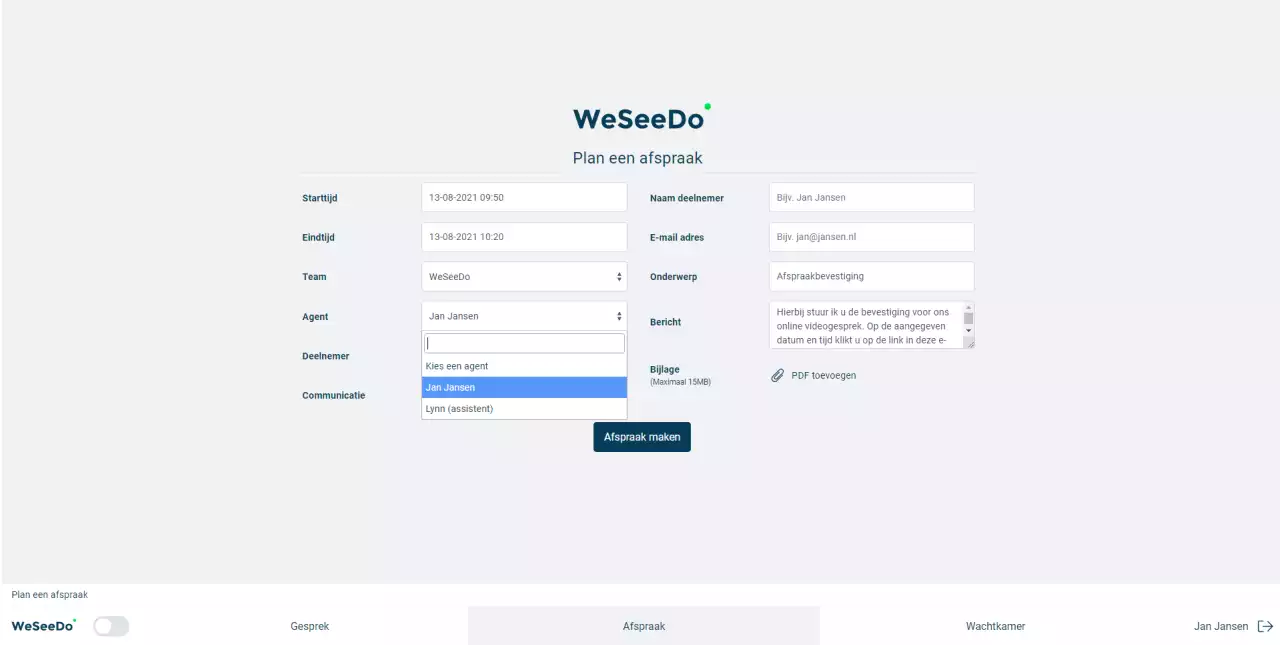 Screenshot van WeSeeDo platform waar je een afspraak kunt inplannen als een assistent
