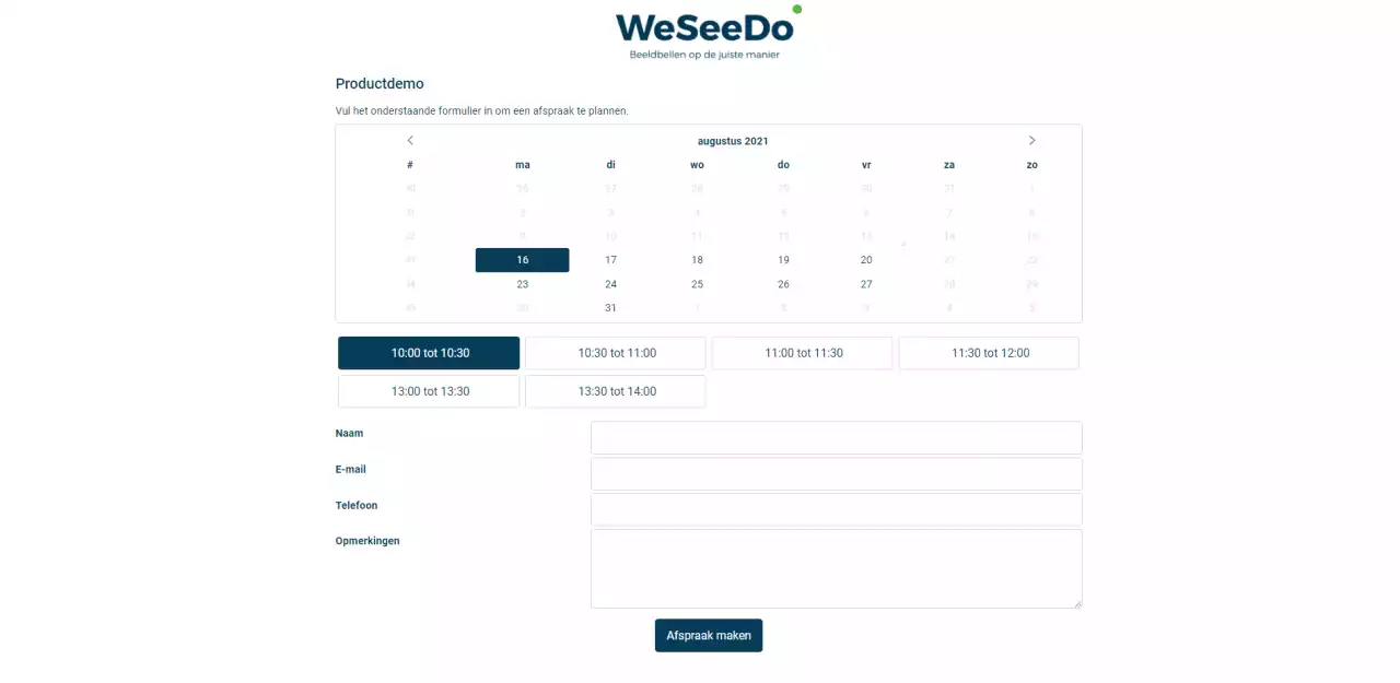 Screenshot van een agenda waarin je je eigen afspraak kan inplannen