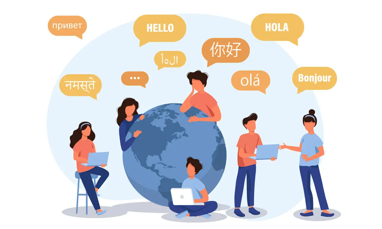 Illustratie van mensen die om wereldbol staan en in verschillende talen praten